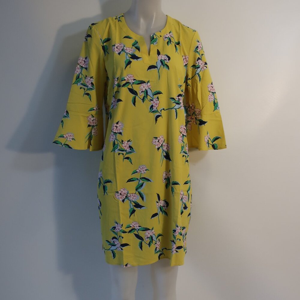 NWT Womens Coolibar Yellow Blue Floral UPF 50+ V-Neck Shift Flounce Dress M